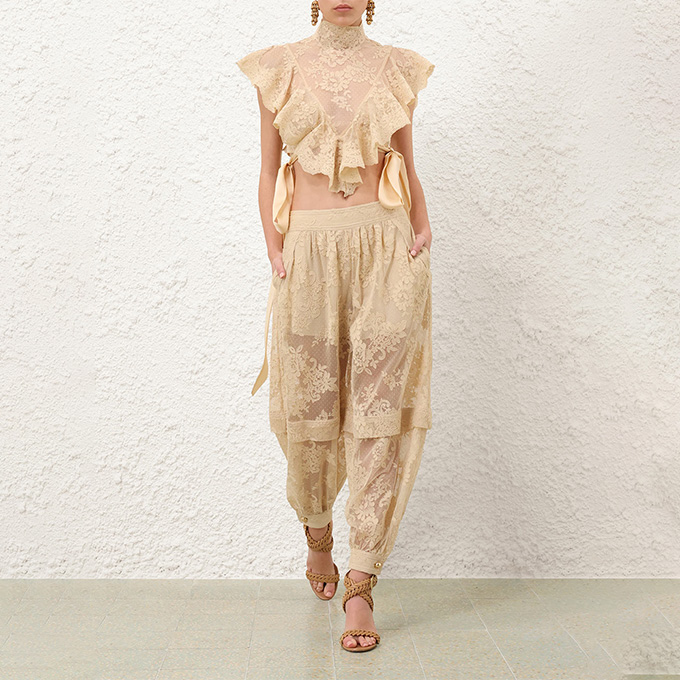 zimmermann hypnotic lace harem pants & lace cropped top